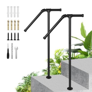 Imagem de WorldChoice Trilho de mão de poste único para degraus externos, 68,5 cm C x 104 cm A, corrimão resistente de aço com base, grade de varanda para 1-2 degraus externos, corrimão de escada para concreto