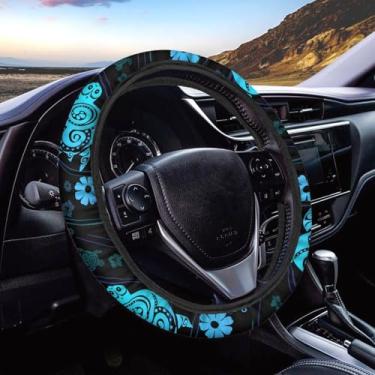 Imagem de CLOHOMIN Capa de volante de tartaruga azul para caminhão, SUV, Van hibisco, decoração de envoltório de direção de carro, fácil de colocar, acessórios de volante automotivo