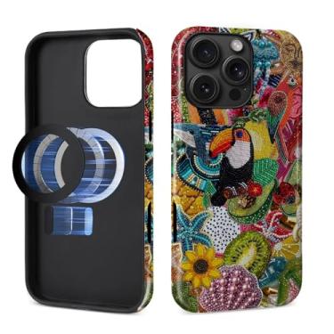 Imagem de MQJCYB Capa magnética para iPhone 16 Pro, compatível com Magsafe Hybrid Heavy Duty 2 em 1 Capa brilhante resistente à prova de choque para iPhone 16 Pro - colagem de estrelas do mar de pássaro