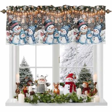 Imagem de Cortinas de Natal para janela de cozinha 137 x 45 cm, boneco de neve, floco de neve, aquarela, grão de madeira, bolso para varão, pequena cortina para sala de estar, letras vintage, sanefas para