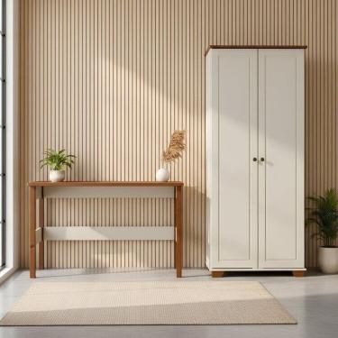Imagem de Kit 2 Peças Escrivaninha 120cm e Armário Multiuso Madeira Maciça Ananda Cabecasa Madeiramadeira Off White/Mel