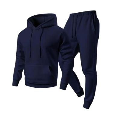 Imagem de Conjunto de moletom flanelado azul marinho blusa capuz bolso canguru c