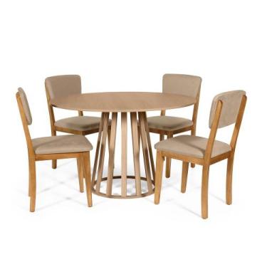 Imagem de Mesa de Jantar Redonda Gabi Jade com 4 Cadeiras Estofadas Ella Bege - 