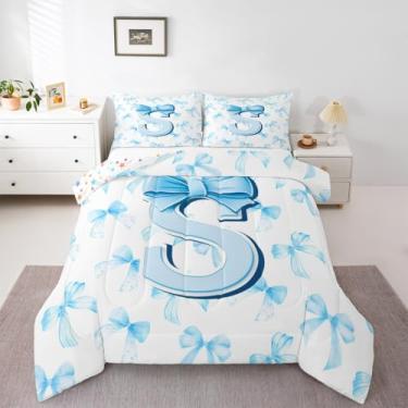 Imagem de jejeloiu Kawaii, conjunto de edredom com laço azul, letra P, para meninos e meninas, fofo, com nó de laço de coquete, colcha personalizada, inicial S, decoração de quarto, arte abstrata, monograma, 2