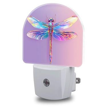Imagem de FOISIIAEA Luz noturna, luzes noturnas coloridas libélulas conectadas à parede, sensor de crepúsculo ao amanhecer, luz noturna redonda para mulheres e homens, lâmpada de LED com eficiência energética