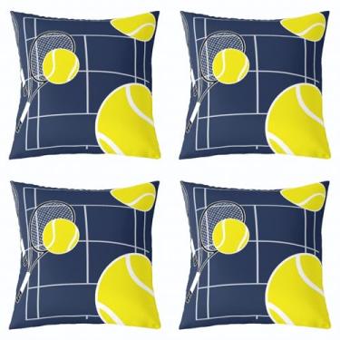 Imagem de jejeloiu Conjunto de 4 capas de almofada de tênis para meninos, 45,7 x 45,7 cm, jogo de bola, azul marinho, para crianças, meninas, tema esportivo, decoração de casa