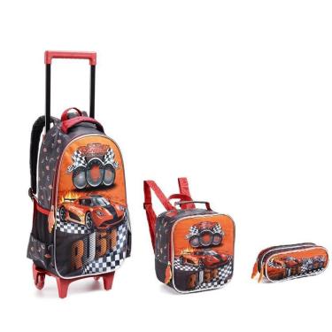 Imagem de Kit Escolar Mochila Com Rodinhas Menino Carros Corrida 2023
