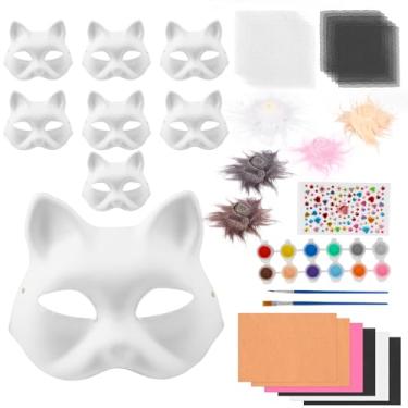 Imagem de ZFLYCANP Kit de máscara DIY, kit de material de máscara de gato em branco com tiras de pele sintética, lençóis de malha de tecido de feltro para festa de cosplay de Halloween