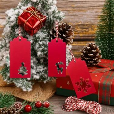 Imagem de ALFEUND Etiquetas vermelhas com fio de padeiro, pacote com 150 etiquetas de papelão, 3 desenhos (árvore, rena, floco de neve), 9,5 cm x 4,5 cm, cordão vermelho e branco de 30 m para presentes e