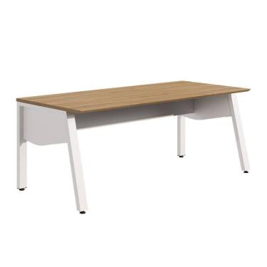 Imagem de Mesa Escrivaninha Escritório 150cm com Tampo Chanfrado e Pés Metálicos Industrial Executive Macadâmia / Branco