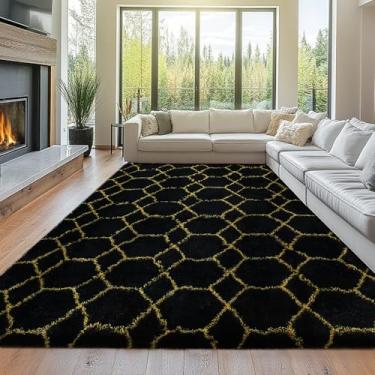 Imagem de Tapetes felpudos para sala de estar 20 x 25: Tapete geométrico fofo para sala de estar - 20 x 3 metros preto e dourado - Tapete felpudo geométrico macio de pelúcia para quarto, quarto de crianças