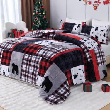 Imagem de YIYEA Conjunto de edredom de pele sintética de Natal, edredom luxuoso de lã felpuda ultramacia, veludo fofo para outono e inverno, aconchego aconchegante, sem queda, 3 peças, Queen