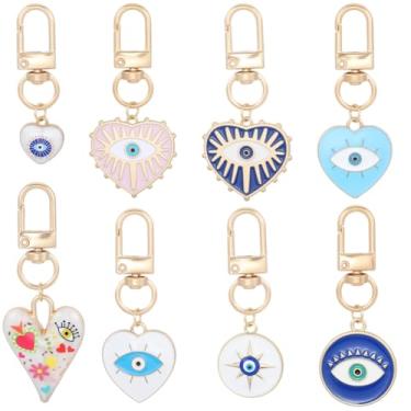 Imagem de SUNNYCLUE 1 caixa pacote com 8 berloques de bolsa para os olhos, chaveiro de metal esmaltado, boa sorte, moderno, fofo, com fechos giratórios, amuletos de proteção de amuleto para bolsa, bolsas