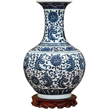 Imagem de LIFOND Vaso de flores vaso de cerâmica chinês pintado à mão vasos de porcelana azul e branco 33 cm grande decoração de mesa vaso de flores com base vaso de flores decoração de mesa