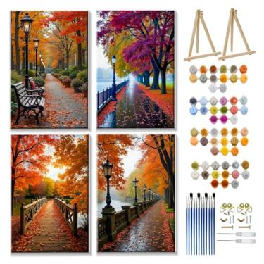 Imagem de JOOZ Kit de pintura por números para adultos com moldura, pintura de paisagem de outono por número com cavalete faça você mesmo outono floresta adulto kits de pintura a óleo por números para decoração