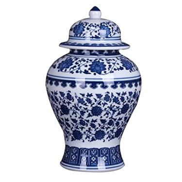 Imagem de AKALNNB Vaso de cerâmica azul e branco de gengibre com tampa para decoração de casa, vaso de templo antigo com padrão de lótus, vasos de flores secas de porcelana chinesa tradicional, decoração