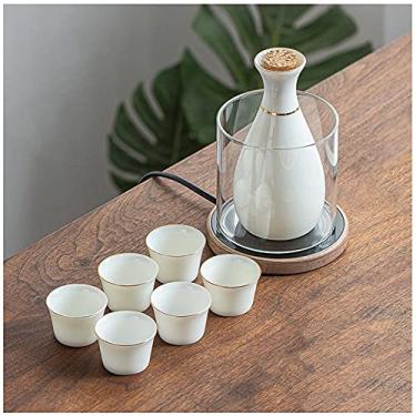 Imagem de JOEUQK Conjunto de Sake de cerâmica, conjunto de Sake com aquecedor, conjunto tradicional de Saka quente de 9 peças, incluindo 1 caneca aquecedora, 1 recipiente para saco, 6 chávenas de Sake e base