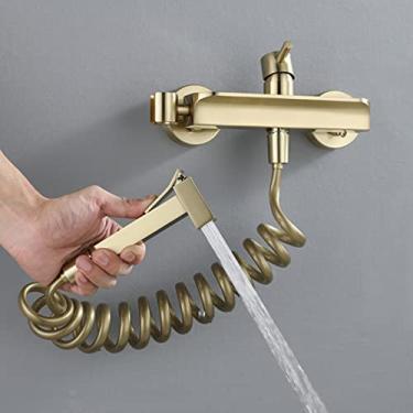 Imagem de MINJING Kit de pulverizador de bidê montado na parede para vaso sanitário pulverizador manual dourado escovado acessório de vaso sanitário multifuncional alça única banheiro kit de pulverização