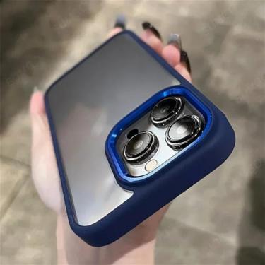 Imagem de Acrílico duro pc titânio cinza capa para iphone 15 14 13 12 11 pro max x xs max xr 7 8 plus lente de metal transparente proteger capa, azul, para iphone 15 pro