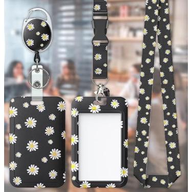 Imagem de Base preta margarida floral porta-crachá deslizante estojo de plástico com carretel retrátil para crachá clipe mosquetão e alça destacável protetor de cartão vertical elegante para mulheres