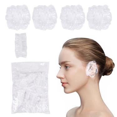 Imagem de Pacote com 100 tampas de duche, protetores de ouvido de plástico descartáveis transparentes à prova d'água para tintura de cabelo