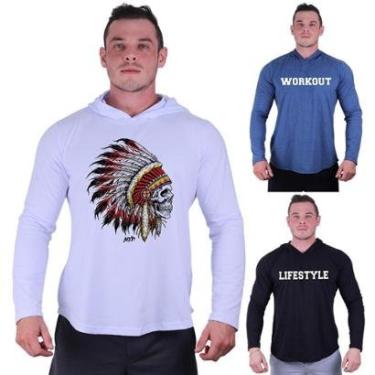 Imagem de Kit 3 Camisetas Manga Longa com Touca Longline Estampada Treino Academia Lazer Casual-Masculino