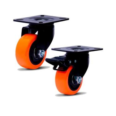 Imagem de Kit 2 Unidades Roda Rodizio C/ Freio S/Freio 3" Base Laranja - Colson 