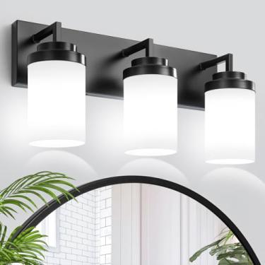 Imagem de GZBEINI Luminária de banheiro preta para banheiro, 3 luminárias de banheiro sobre o espelho, iluminação de banheiro preta fosca acima do arandela de parede do espelho com sombra de vidro fosco branco