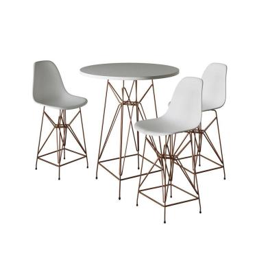 Imagem de Jogo Mesa Bistrô Eames Eiffel Branca 60Cm 3 Banquetas Branca Base Ferro Cobre - Cor: Branco
