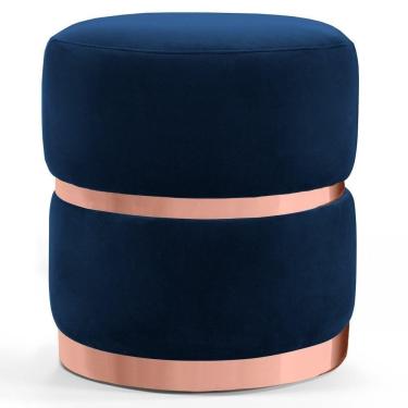 Imagem de Puff Decorativo Com Cinto E Aro Rosê Round C-304 Veludo Azul Marinho - Domi