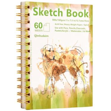 Imagem de Qlmhudaim Caderno de esboço de arte, 12,7 x 19 cm, 60 folhas 160 gsm/44,5 kg, papel sem ácido, bloco de esboço encadernado em espiral para giz de cera, marcador, lápis de cor e esboços, caderno de