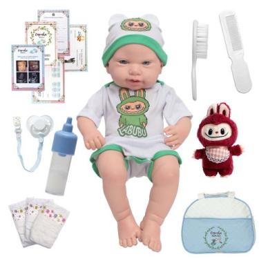 Imagem de Bebe Reborn Masculino Real Labubu Pelúcia Bolsa Acessórios - Cegonha R