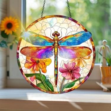 Imagem de Acrílico colorido Suncatcher, apanhador de sol estilo vitral impresso libélula com reflexos de arco-íris, decoração de janela suspensa, decoração de parede, ornamentos de Natal uso interno e externo