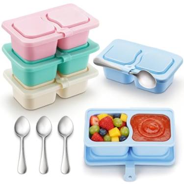Imagem de Mimorou Pacote com 4 recipientes de silicone para lanches com tampas e colher, recipiente reutilizável para lanches com compartimento duplo, caixa de temperos para molho de salada, caixa portátil para