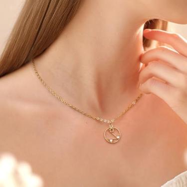 Imagem de Colares do zodíaco para mulheres, pingente de moeda banhado a ouro com joias de zircão, pingentes delicados de astrologia, horóscopo, pingente de aço inoxidável, presente personalizado de aniversário