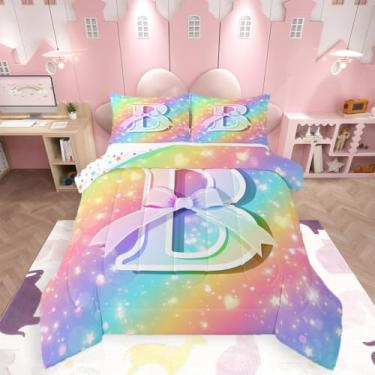 Imagem de Feelyou Conjunto de edredom infantil colorido com arco-íris, tamanho solteiro, presente personalizado para crianças, meninas, conjunto de cama fofo com laço e nó de coquete, edredom para quarto