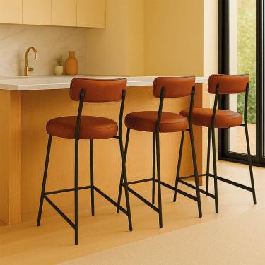 Imagem de Banqueta Cozinha Média com Encosto Industrial Preto Kit 3 Londres PU Nozes D03 - D'Rossi