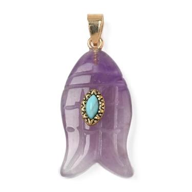 Imagem de MakemadeDIY 5 peças de pingentes esculpidos de ametista sintética turquesa natural para fazer joias, pingentes de peixe de pedra natural para colares, gargantilhas, brincos, artesanato, presente