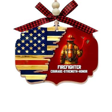 Imagem de GoGi93Art Firefighter Courage Strength Honor - Ornamento da bandeira americana de madeira, 2 camadas - Decoração patriótica de Natal - presente para bombeiros e heróis