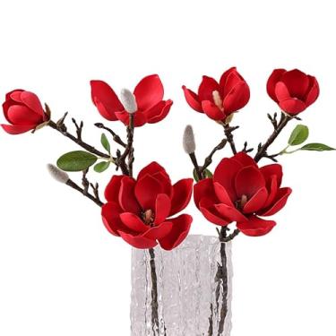 Imagem de Lovmeety 2 peças de flores de magnólia vermelha com hastes de seda magnólia buquê de flores de magnólia de toque real, flores falsas, arranjos artificiais para casamento, casa, decoração interna e