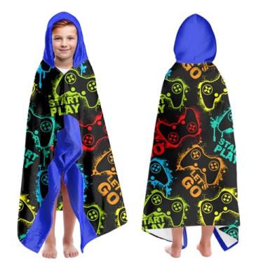 Imagem de CZZDERAM Game Boys Toalhas de praia com capuz para videogame para crianças de 4 a 8 anos, toalhas de banho com capuz para crianças adolescentes meninos 76 x 127 cm de secagem rápida azul toalha