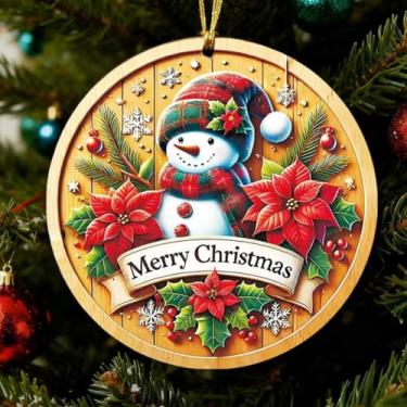 Imagem de 1 peça de enfeite de Natal de acrílico, decoração de pendurar com tema de boneco de neve com flores de Natal para árvore de Natal, ideal para presente de festa de ano novo no inverno