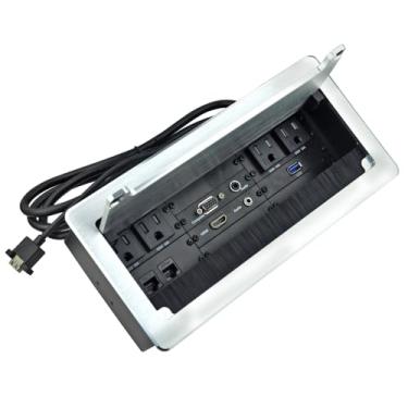 Imagem de Caixa de conectividade de escova elétrica de mesa com 4 alimentações CA + 2 RJ45 (CAT6) + 2 áudio 3,5 mm + 1 VGA + 1 HDMI + 1 USB 3.0 (fêmea para fêmea) com cabo de alimentação de 1,7 m (prata)
