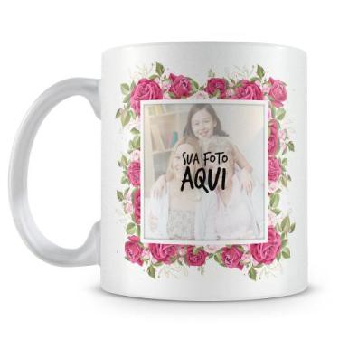 Imagem de Caneca Perolada Branca com Flores - Personalizável com 2 Fotos - Amo C
