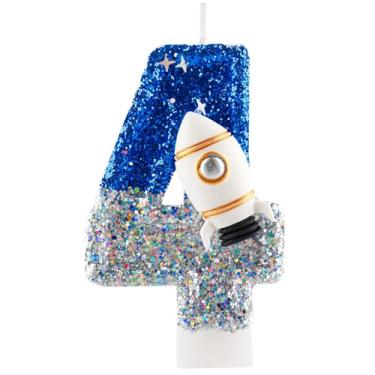 Imagem de Vela de 4º aniversário com glitter foguete espacial número 4 velas azul prata topo de bolo decorações vela feliz aniversário para meninas meninos artigos de festa de aniversário