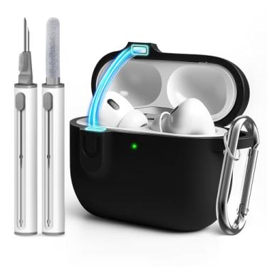 Imagem de Woyinger Capa compatível com AirPod 4 com kit de limpeza, capa de silicone macio para airpod 4 vem com trava magnética e chaveiro - sólida para mulheres/homens, preta