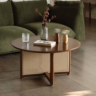 Imagem de Yadlan Mesa de centro com mesa de madeira maciça, pernas espessas de vime tecidas à mão e tinta ecológica à base de água, mesa lateral de grão de madeira natural para sala de estar, pátio, varanda cor