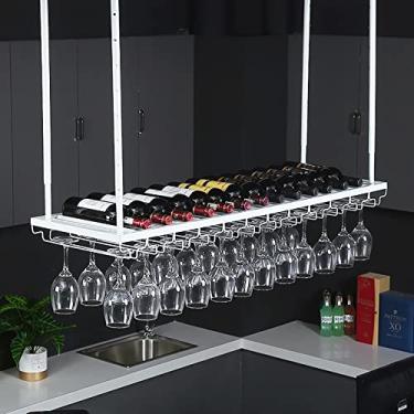Imagem de APUM Rack de vinho de metal de teto, altura ajustável, suporte de decoração para pendurar, prateleira de garrafa de vinho vintage, suporte de taças de cálice, para bares/restaurantes