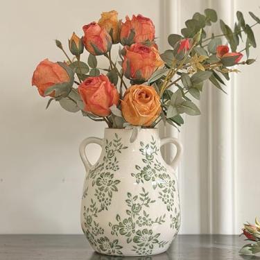 Imagem de Vaso de cerâmica vintage, vaso decorativo floral verde chinoiserie, rústico, retrô, grande, com acabamento rachado, com alça para flores, decoração de casa, sala de estar, peça central, verde-02, 20,6