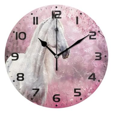 Imagem de JUZIHAI Relógio de parede rosa cavalo branco silencioso, sem tique-taque, relógios de parede redondos operados por bateria, fácil de ler, relógio decorativo de parede para casa, cozinha, sala de estar
